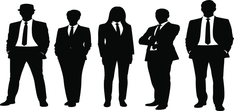 Professional business team silhouette vector collection featuring men and women in formal suits for corporate leadership design