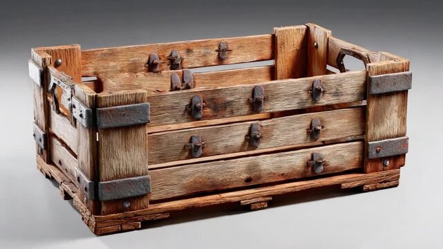 Rustic Wooden Storage Crate: A weathered wooden crate with metal bands and hardware, showcasing the charm of vintage craftsmanship and the enduring appeal of rustic design.