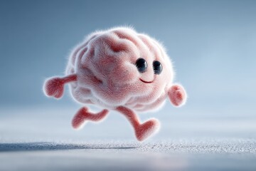 Fuzzy Pink Brain Cartoon Character Running Happily on Smooth Surface