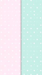 Split-screen vertical illustration features a soft pink and turquoise backdrop, both adorned with evenly spaced, bright white polka dots