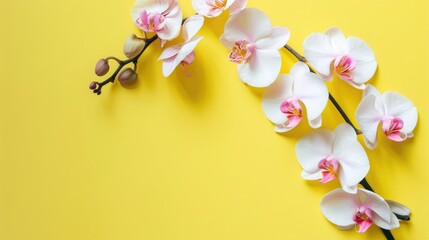 White orchid flowers on a yellow background. Floral background.