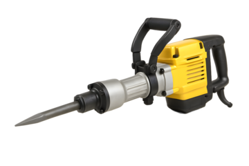A heavy duty yellow jackhammer with black handle and pointed steel bit