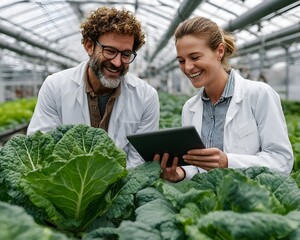 Two happy agricultural scientists in white coats examine fresh produce on a tablet in a greenhouse full of green cabbage plants.