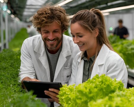 Two smiling agricultural scientists review data on a tablet while inspecting leafy greens in a bright modern hydroponics farm greenhouse. - Powered by Adobe