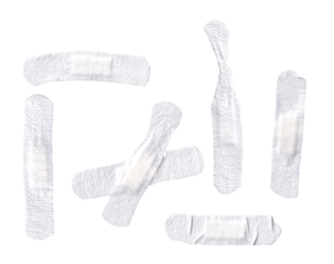 detailed photograph of several white adhesive bandages isolated on a dark background, perfect for illustrating first aid and medical themes.