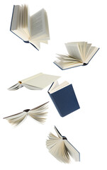 dramatic photograph of a series of open books, with pages turning and spines showing, creating a...
