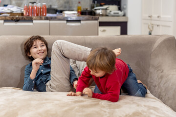 Two brothers relaxing on sofa at home