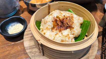 Steamed Sticky Rice in Bamboo Basket Traditional Asian Food