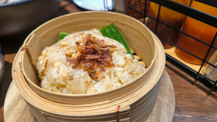 Steamed Sticky Rice in Bamboo Basket Traditional Asian Food
