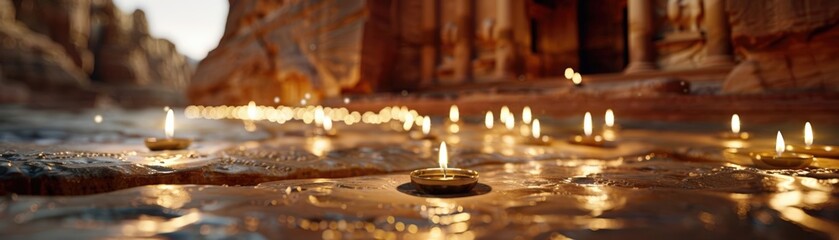 Ancient Petra Treasury lit by candles at night