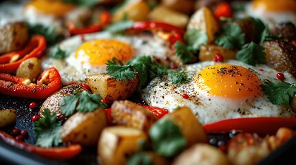 Close-up of a rustic dish with golden fried eggs, roasted potatoes, red peppers, and fresh green herbs. The vibrant colors create a delicious appeal