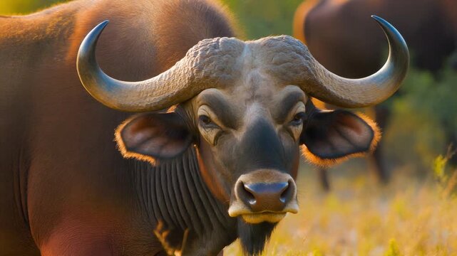 Cinematic macro shot of a wild American Bison, capturing coarse fur texture, massive horns, and warm prairie lighting, AI generated.