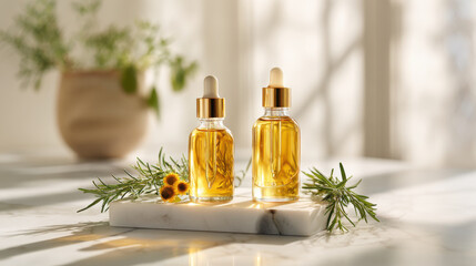 Essential oil bottles with rosemary and flowers on a marble surface. Two bottles of essential oil sit on a marble surface with rosemary and flowers, perfect for spa treatments