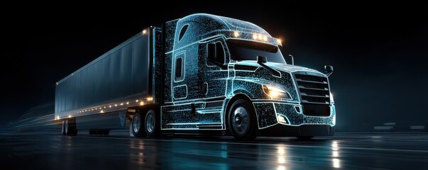Futuristic semi-truck illuminated by a digital blue grid design in motion