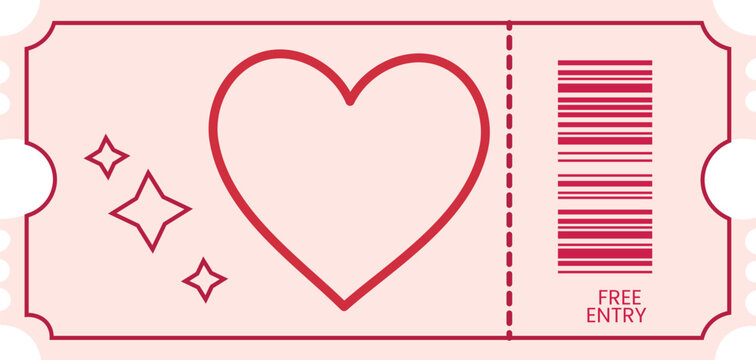 Pink free entry love ticket with heart outline and sparkles, perfect for romantic events