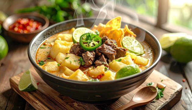 Semangkuk Soto Mie Bogor panas tradisional Indonesia di meja kayu