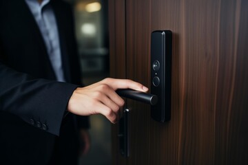 Hand manipulating a contemporary smart door handle providing advanced security access
