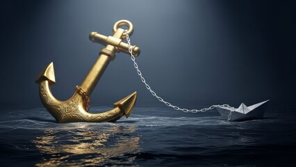 Golden anchor connected by a chain to a small paper boat sailing on the water's surface