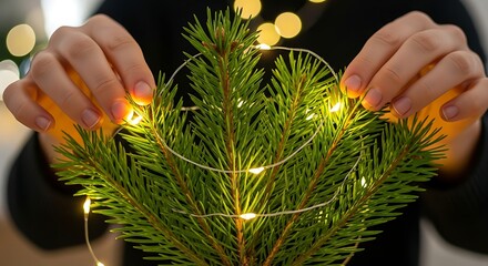 Hands decorating a fir branch with glowing string lights in a cozy indoor setting