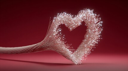 Heart shaped fiber optic illustration on a red background with a 3D render effect and a creative viewpoint