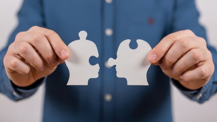 Connecting Minds Puzzle Pieces Shaped Like Human Heads Representing Ideas and Collaboration