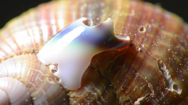 Detailed macro of iridescent seashell piece in focus against blurred background, use for design