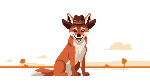 Cheerful dingo sitting proudly with cowboy hat with AUSTRALIA word on it against simple Australian landscape