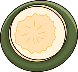 A cartoon green coconut cut in half.