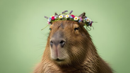 Charming capybara adorned with a vibrant floral crown, captured in a delightful portrait against a serene, natural green background, showcasing its gentle and peaceful demeanor