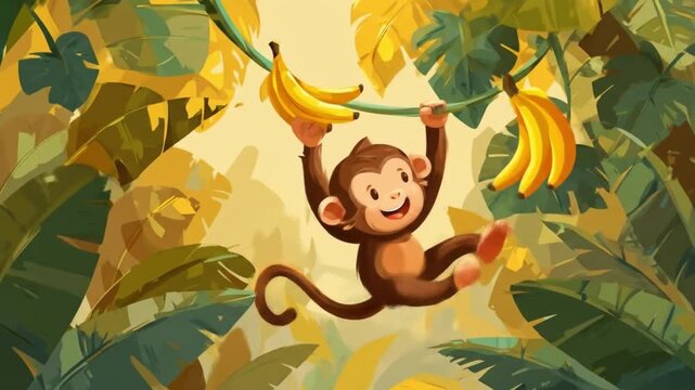 A joyful monkey swings along vines in a sunlit jungle with bananas overhead and lush leaves and joy!