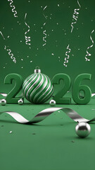 2026 New Year celebration design featuring volumetric digits, decorative baubles, and gold confetti on green background, vertical template for festive parties and New Year promos.​