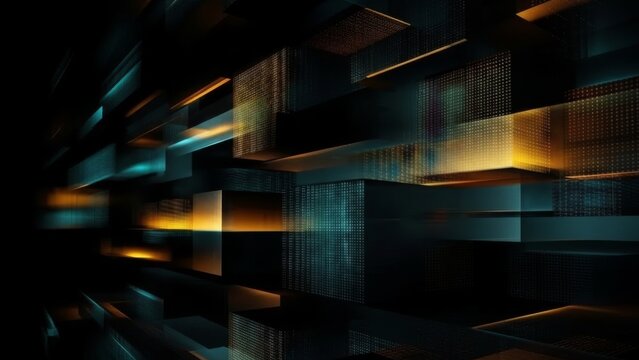 Abstract futuristic digital art with glowing geometric shapes and dark background - Powered by Adobe