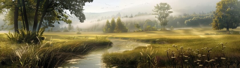 Artistic interpretation of a peaceful countryside with subtle musical motifs integrated into the natural landscape, creating a harmonious scene