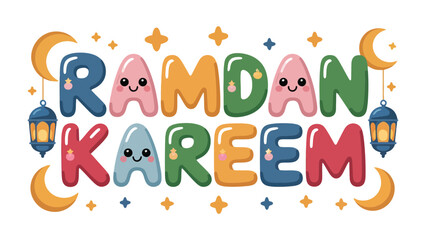 Fototapeta premium Ramadan Kareem Illustration: Colorful illustration celebrating the spirit of Ramadan Kareem with crescent moons, stars, and lanterns.