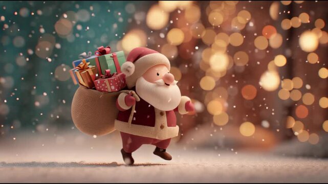 Santa Claus running with gifts in a magical snowy scene