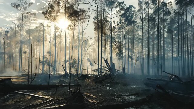 selective focus on clear-cut forest showing tree stumps