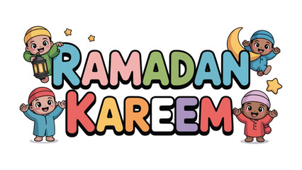 Fototapeta premium Ramadan Kareem: Vibrant illustrations create festive scenes. Children, a crescent moon, and stars evoke the spirit of Ramadan. 