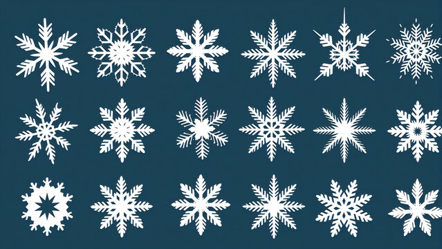Collection of unique geometric snowflake icons in white color arranged neatly on a blue background, ideal for winter design, holiday decoration, patterns, and creative graphic elements. - Powered by Adobe