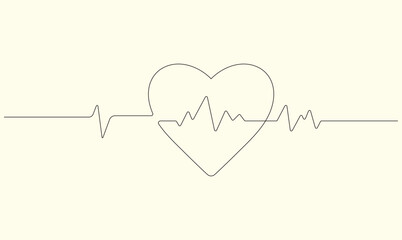 Heart shape with a pulse line in continuous drawing style for cardiology