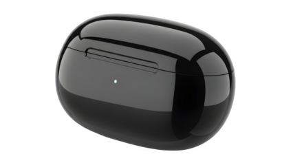 Glossy black wireless earbuds charging case isolated on transparent background