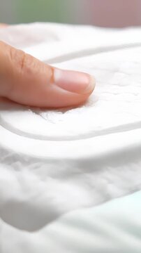 Close up of a delicate female finger pressing on a soft, absorbent cotton pad. Concept of gentle skincare, cleansing routine, and makeup removal