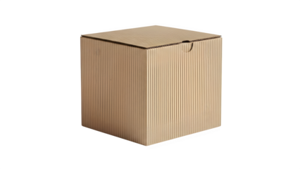 Corrugated cardboard cube box with vertical texture, closed packaging for shipping or storage, isolated on transparent background