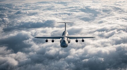 Fototapeta premium High quality photo of Military transport aircraft flying high above a dense layer of white clouds