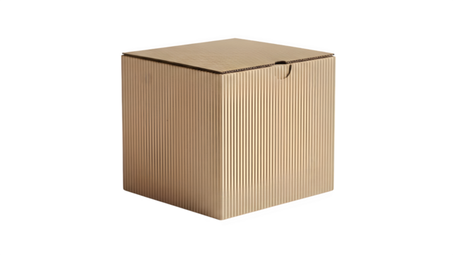 Corrugated cardboard cube box with vertical texture, closed packaging for shipping or storage, isolated on transparent background - Powered by Adobe
