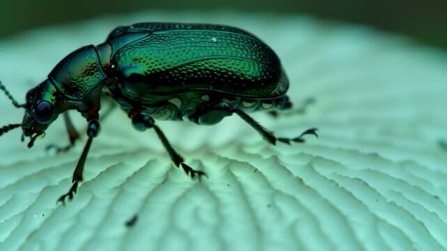 Emerald beetle on mushroom surface; macro shot for nature, biology, and educational content