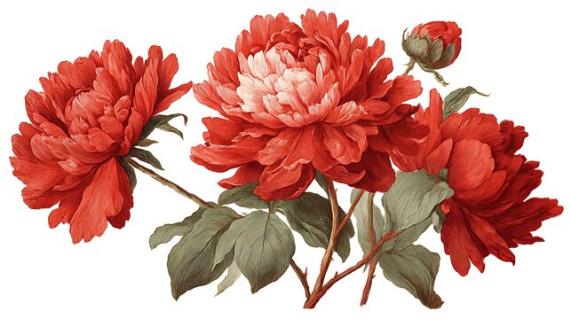 Vibrant red peonies in full bloom with green leaves isolated on a clean white background, captured from a straightforward viewpoint.