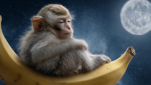 A relaxed monkey perched on a curved banana drifts through a starry night with a glowing full moon!!