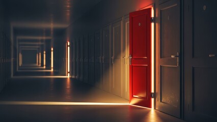 Mysterious long corridor with an inviting glowing red door slightly ajar, symbolizing opportunities, critical decisions, and future paths