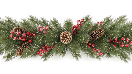 christmas garland border with frosted pinecones and red berries on a white background showcasing a festive winter holiday decoration suitable for seasonal graphic design