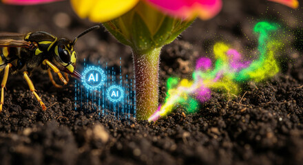 An ai wasp fighting a computer virus at the root of a plant creating a colorful data explosion